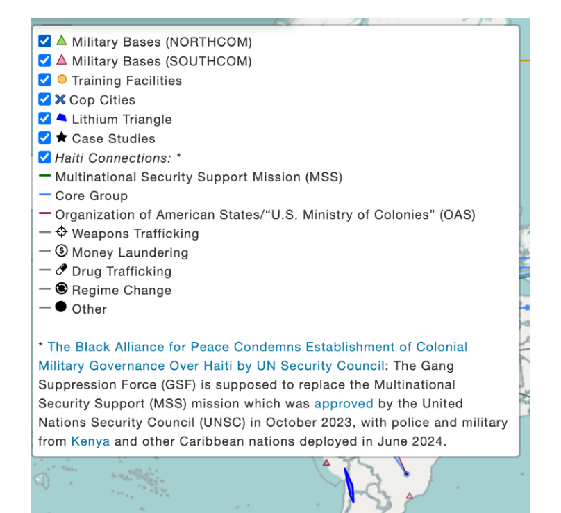 Legenda do mapa do Black Alliance for Peace